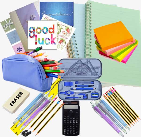 Various school supplies arranged neatly, including Greetings Cards, bright pencils, pens, and a black calculator on a table. 