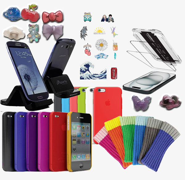 A mix of colorful mobile phones accessories grouped together for display.