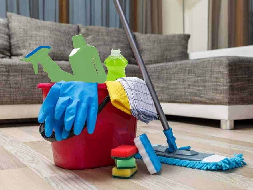 A bucket containing cleaning supplies is on the floor next to a couch in a tidy space.
