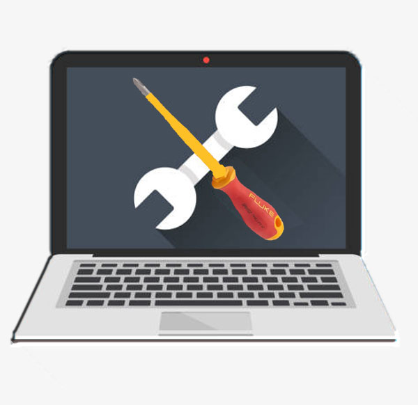 A laptop adorned with a wrench and wrench icon, representing a theme of technology and repair.