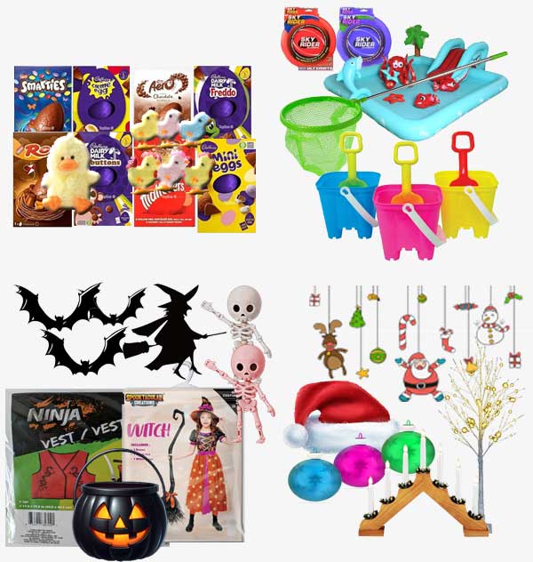 A variety of Seasonal Selection, including playful toys, sweet candy, and festive decorations, all in one place.